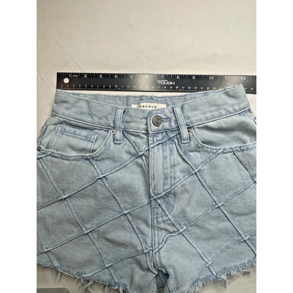 PacSun Women's 25 Vintage High Rise Light Wash Crisscross Raw Hem Denim Shorts - Picture 9 of 16